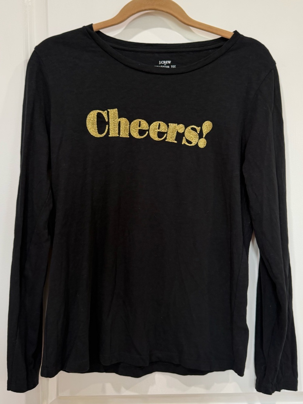 J. Crew Black Long Sleeve Tee with Gold 'Cheers!' Graphic - Picture 2 of 2